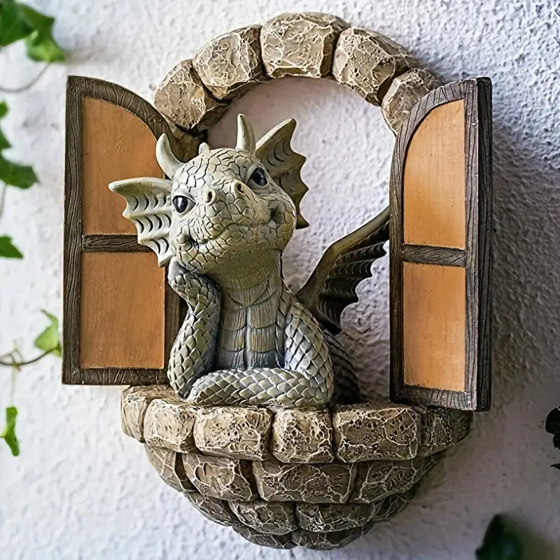 1pc Sculpture de dragon en résine, Statue de dragon devant la fenêtre,  Décoration de jardin féerique
