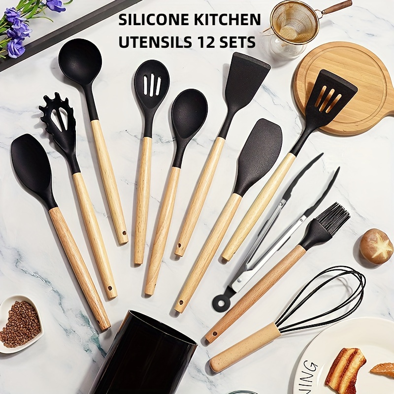Silicone Utensil Set Khaki Kitchen Utensil Set With Wooden - Temu