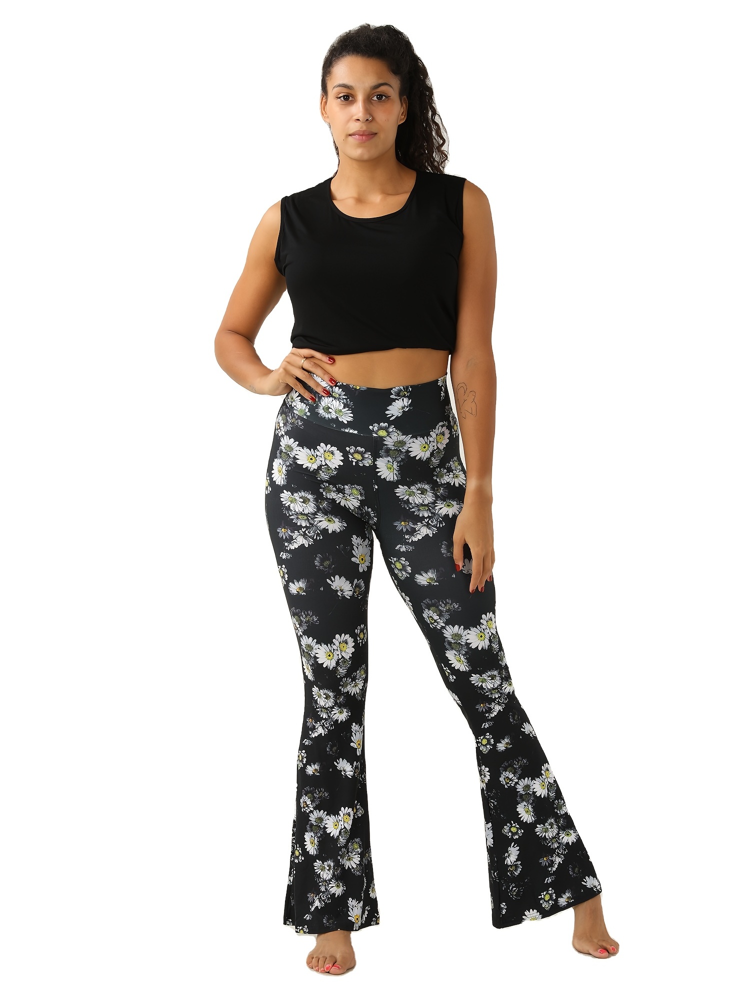Daisy Print Bell Bottoms Flare Leggings Casual Stretchy - Temu