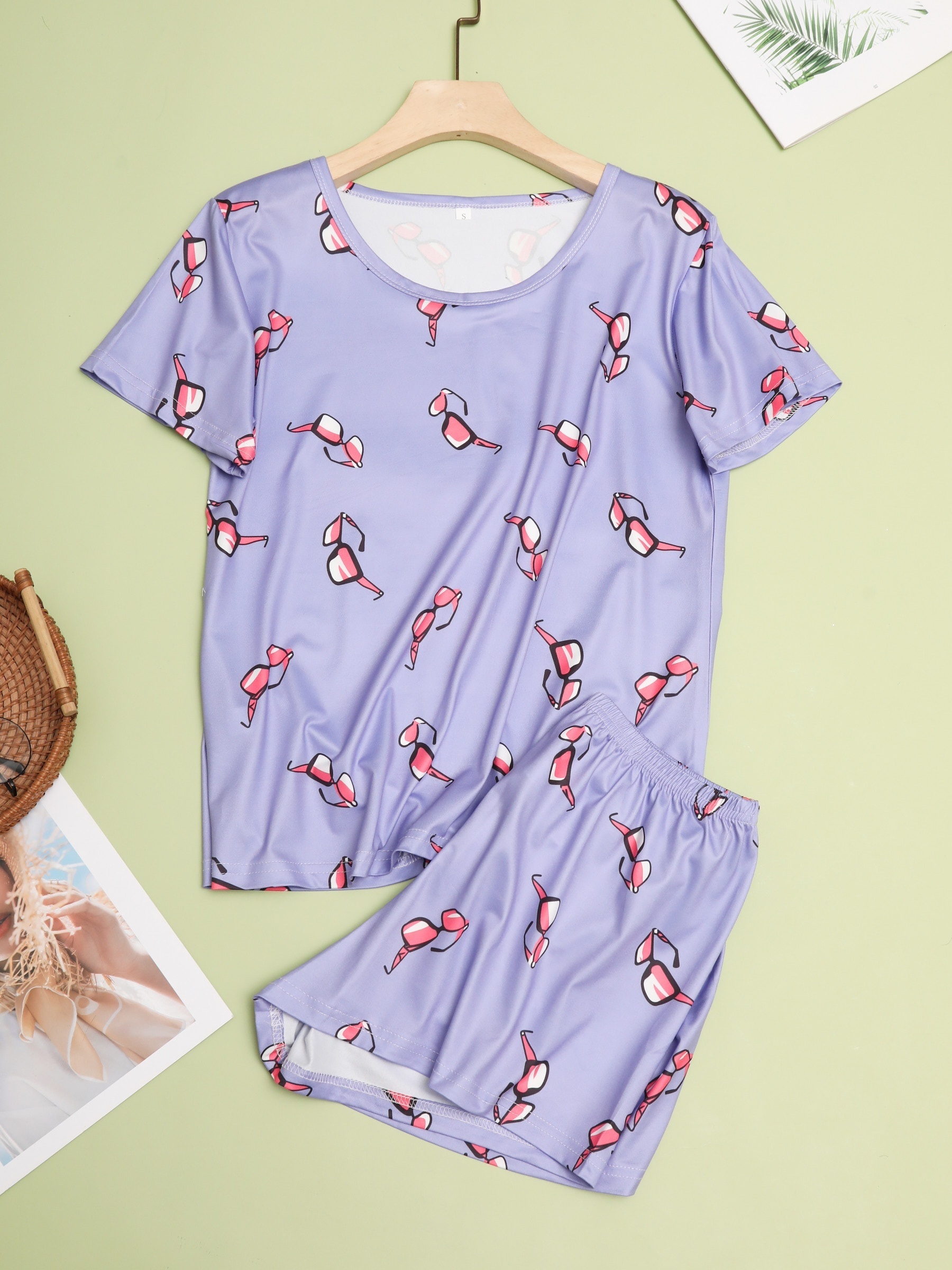 Casual Printed Pajama Set Comfy Solid Short Sleeve Crew Neck - Temu