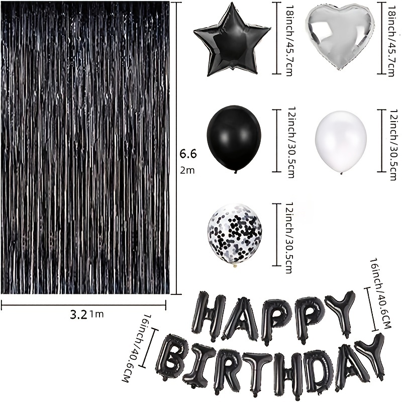 ANSOMO Black and White Happy Birthday Party Decorations, 30 Pcs Balloons Banner Foil Fringe Curtains, for Men Women