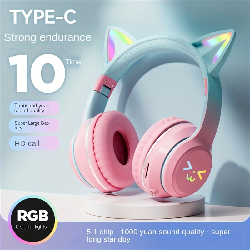 Casque Bluetooth avec oreilles de chat rose mignonnes, lumière LED, fille/NEUF
