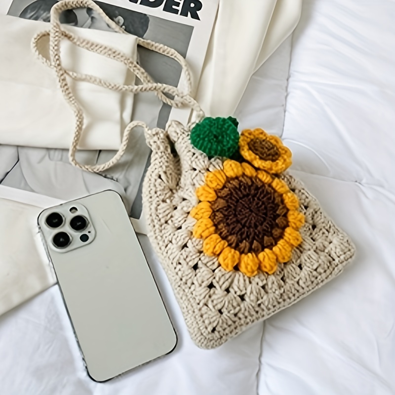 Sunflower Crochet Bucket Bag, Cute Hollow Out Woven Crossbody Bag, Mini Handmade Knitted Shoulder Bag For Women