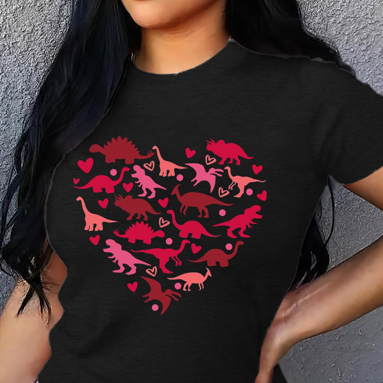 

Plus Size Casual T-shirt, Women's Plus Slogan & Dinosaur Heart Print Short Sleeve Round Neck Medium Stretch Translucent T-shirt