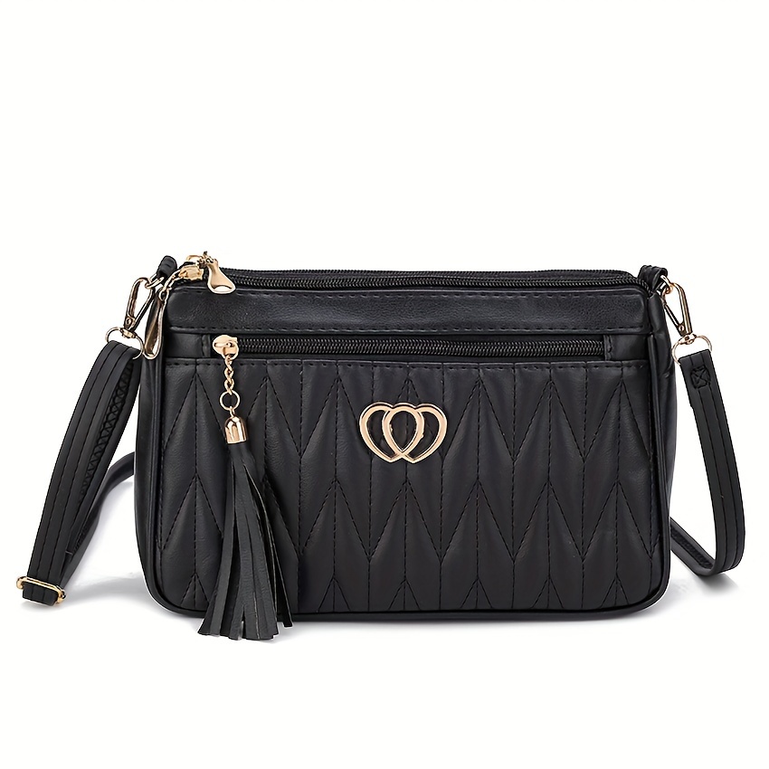 

Fashion Quilted Crossbody Bag, Tassel Decor Shoulder Bag, Women's Multi Zipper Handbag & Purse