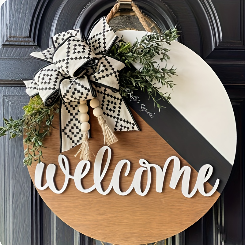 

1pc, Welcome Sign Front For Door Decoration, Round Wood Wreaths Wall Hanging Outdoor, Farmhouse, Porch, For Spring Summer Fall All Seasons Holiday Easter