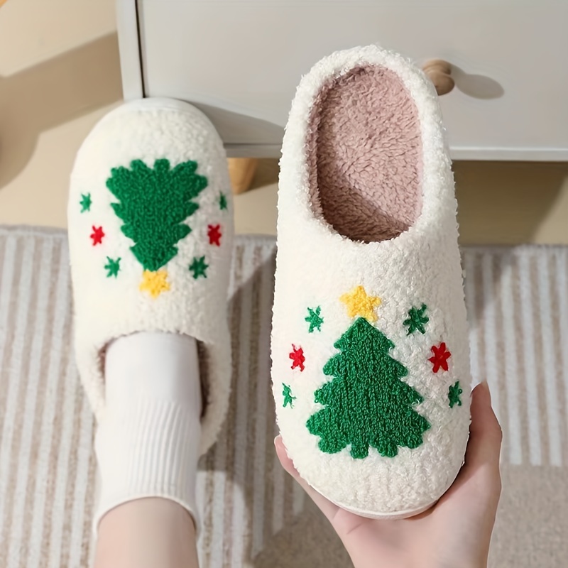 Christmas Preppy Cotton Slippers Cartoon Embroidery Slippers for Women Men with Velvet Thickened