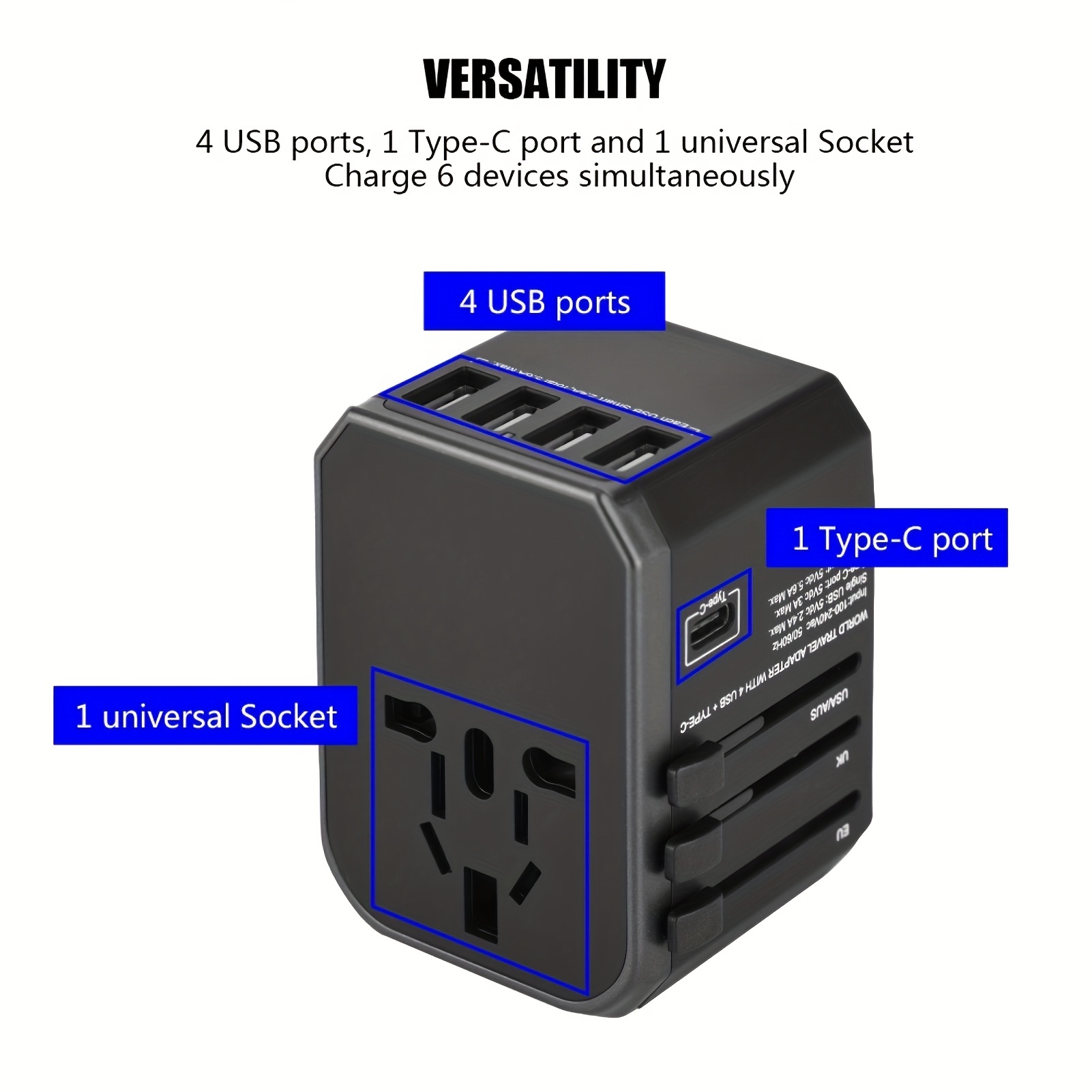 1pc International Universal Travel Adapter, All-in-One Travel Plug Adapter  W/2.4A Type C & 2.4A USB-A Ports & 6A AC Socket Charger For Over 200 Countr