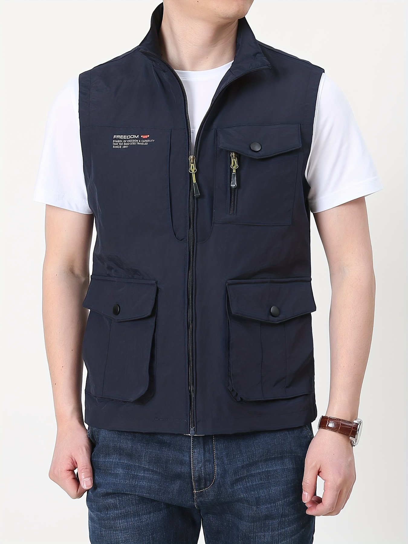 Multi Pockets Cargo Vest Men's Casual Outwear Stand Collar - Temu