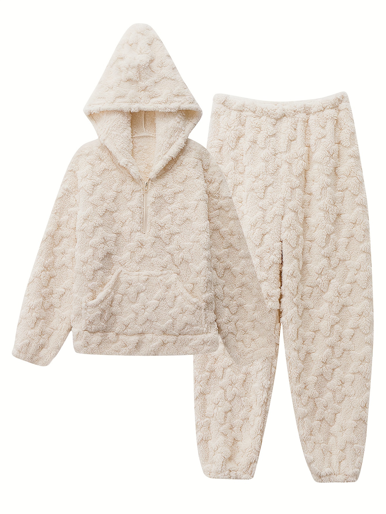 Solid Fuzzy Pajama Set Long Sleeve Hooded Top Elastic - Temu
