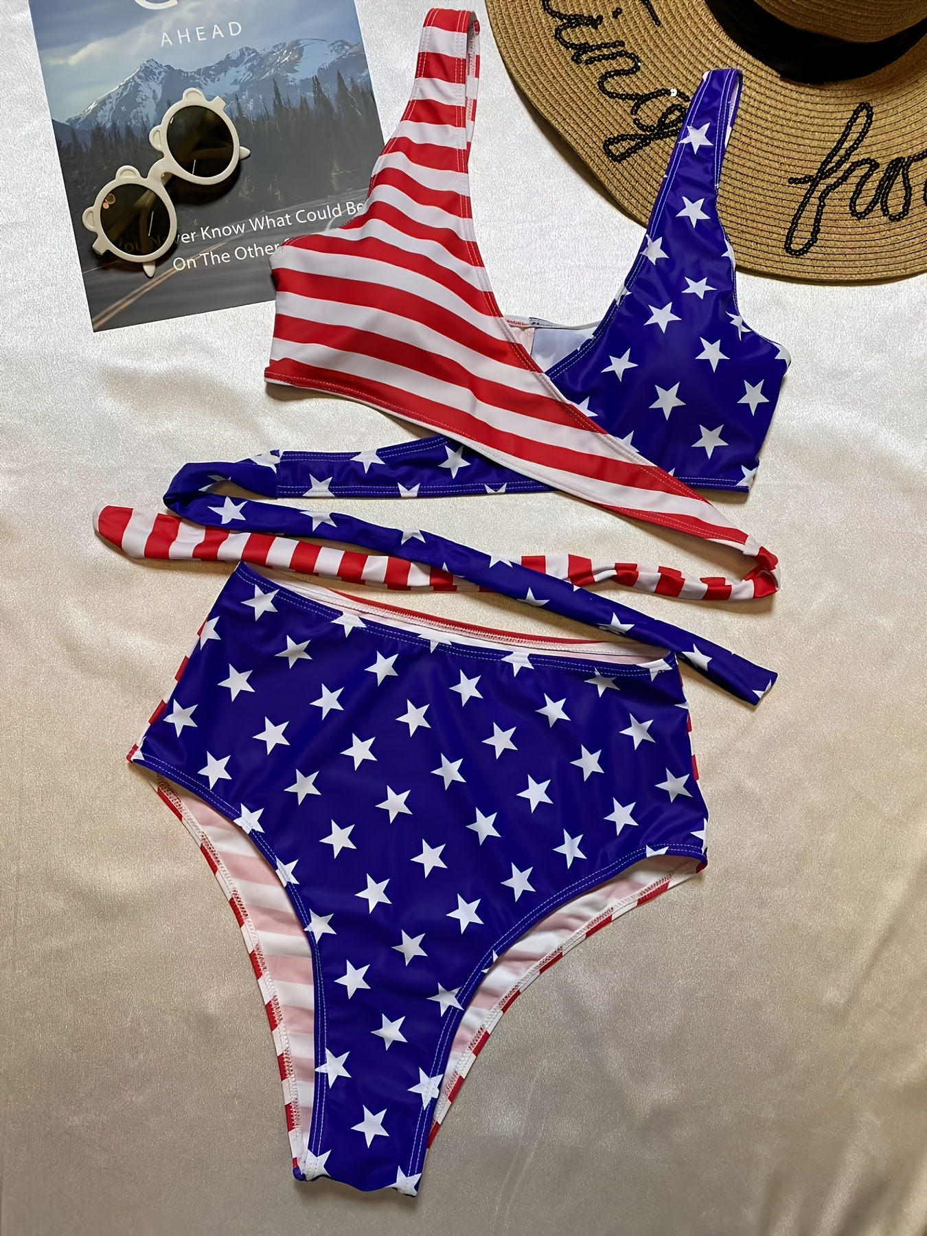 American Flag Print Criss Cross Tie Back Bikini Surplice V - Temu New  Zealand