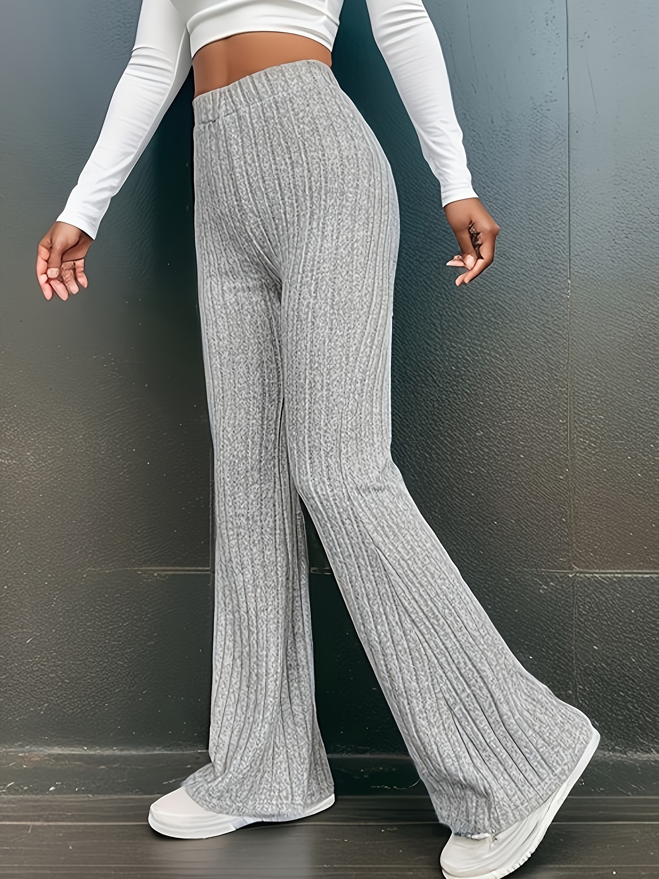 Pleated Waist Solid Color Sports Flared Pants Wide Leg - Temu Canada