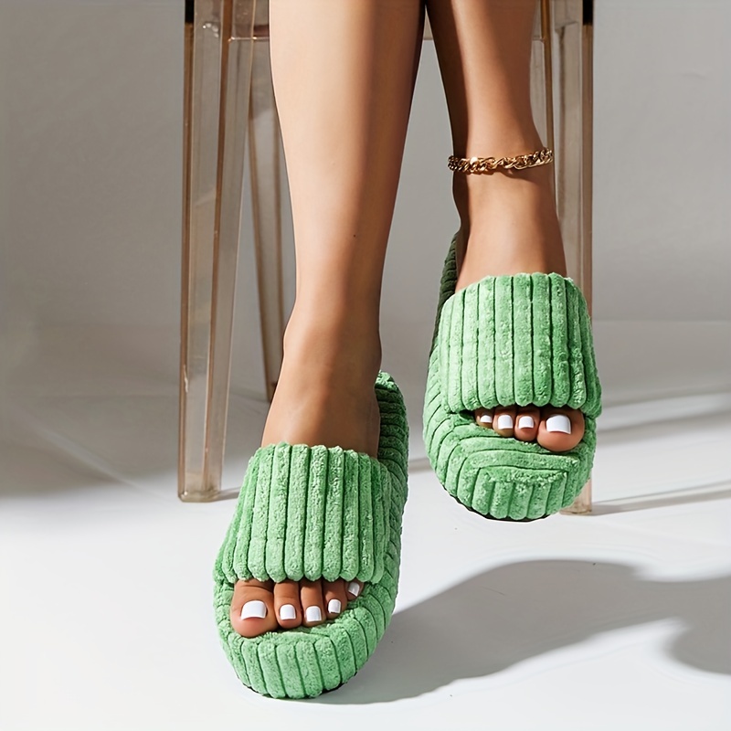 Women's Fuzzy House Slippers Open Toe Platform Casual Slides