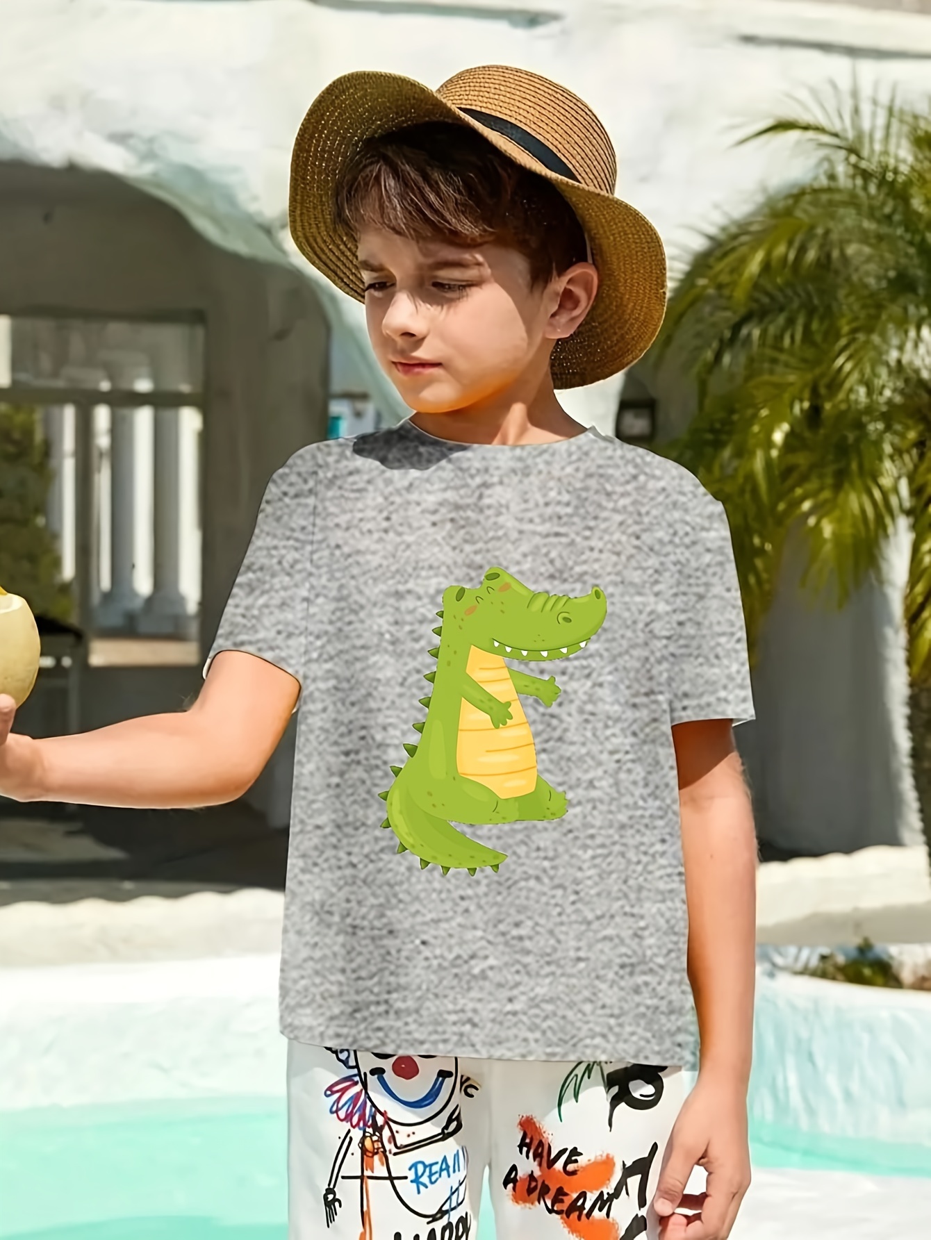 Boy's Crocodile Cartoon Cool Print Cute Cotton Short Sleeve - Temu