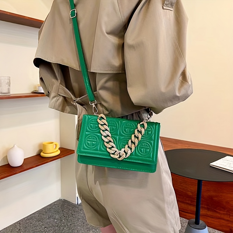 Geometric Embossed Chain Flap Square Bag