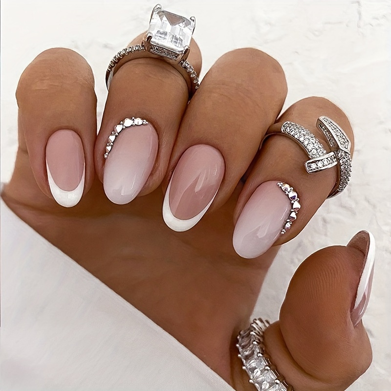 

24pcs White French Tip Fake Nails, Short Round Head Pink Gradient Press On Nails, Glossy Full Cover Sweet Rhinestone False Nails For Women And Girls Daily Wear