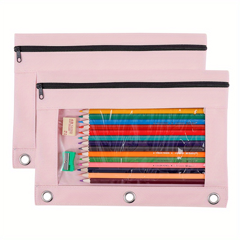  Pink Pencil Pouch for 3 Ring Binder,2 Pack Binder Pencil Pouch  with Clear Window Pencil Bags with Zipper & Reinforced Grommets,Pencil Case  for Binder Pink 01 : Office Products