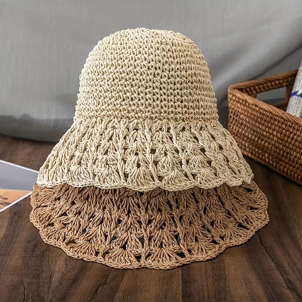 Brown Hollow Crochet Sun Hat French Style Lightweight Straw - Temu