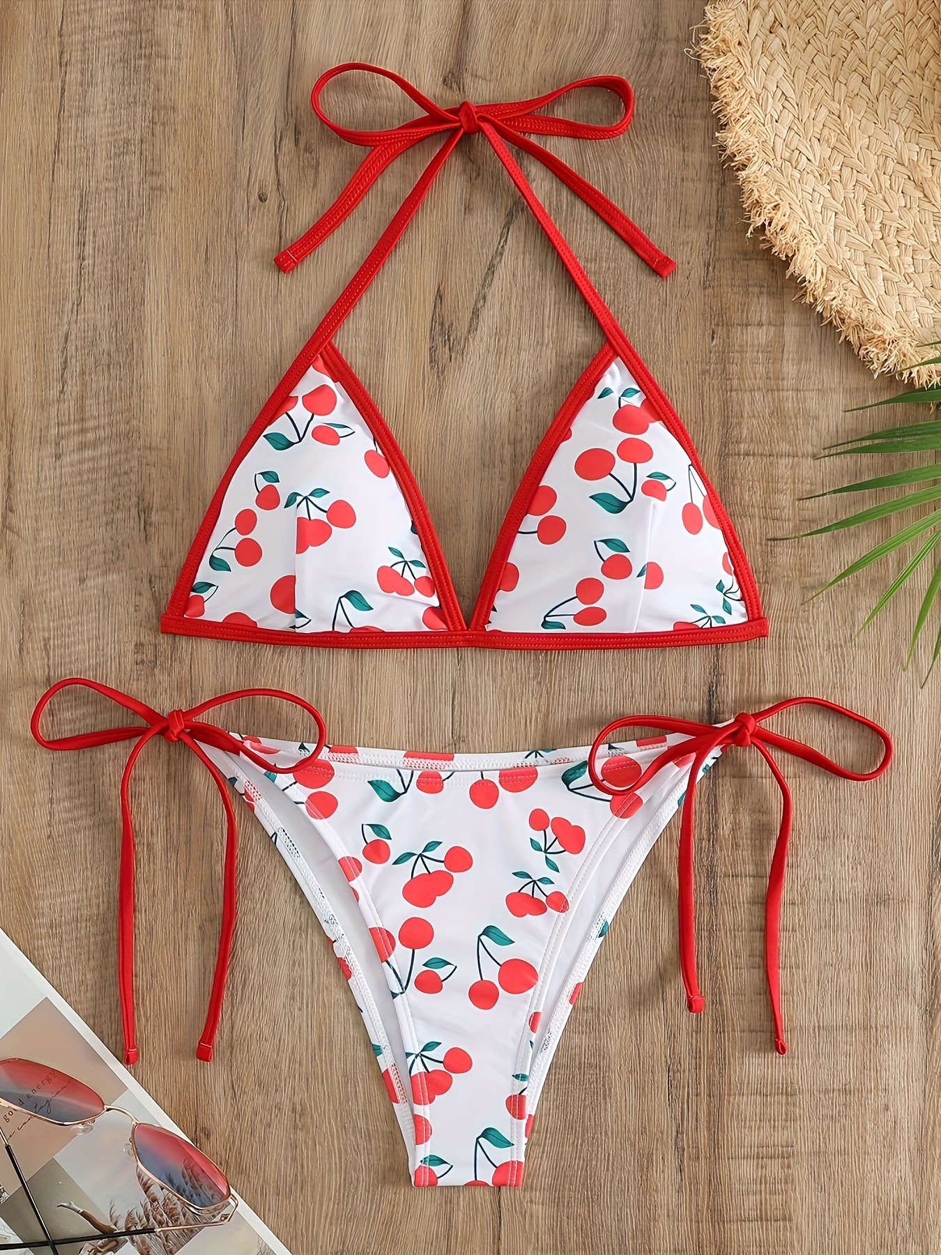 Cute Cherry Print Contrast Trim Bikini Halter Tie Side - Temu