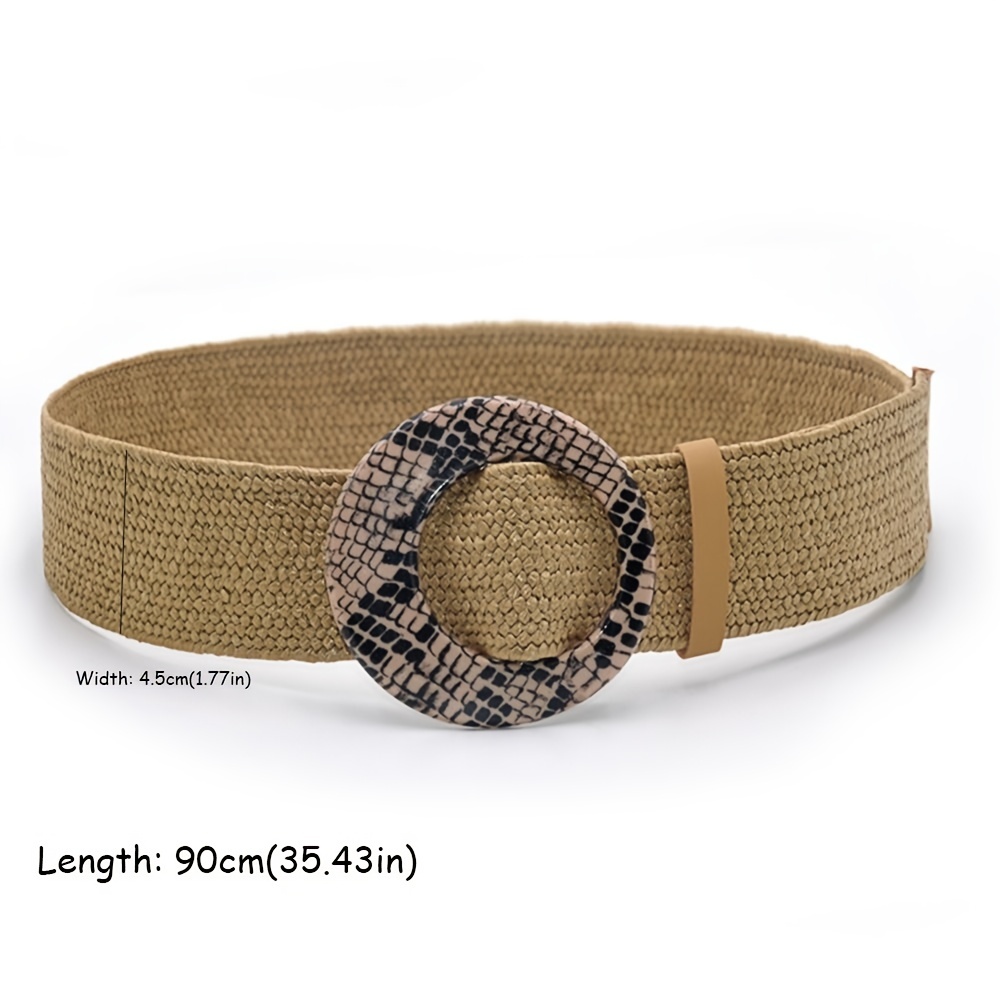 Women Vintage Straw Woven Waist Belt Stylish Casual Wide Braided Stretching  Wood Buckle Dress Waistband Belt