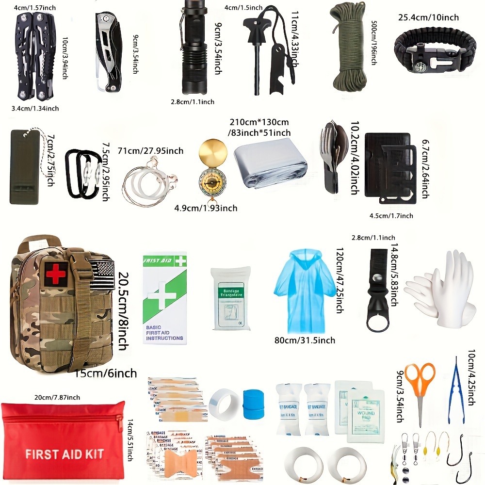 200Pcs Emergency Survival Kit and First Aid Kit Professional Survival Gear  SOS Emergency Tool with Molle Pouch for Camping Adventures