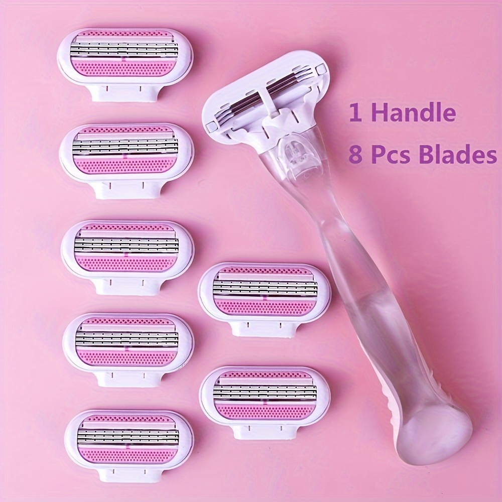 1 Handle 8 Blades Set Women Bikini Manual Hair Removal Tool 3 Layer Stainless Steel Shaving Blades Replaceable Safety Razor Blade