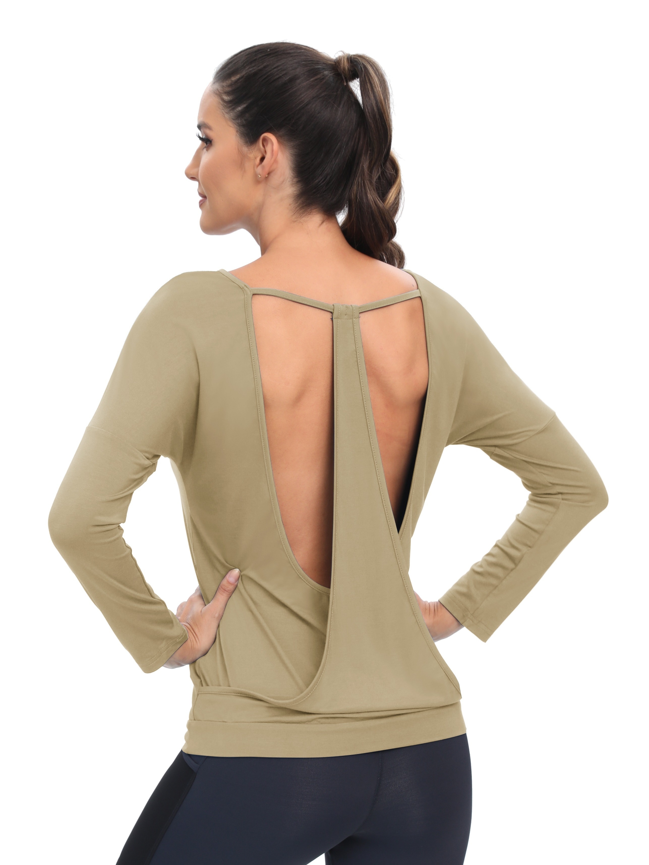 Solid Casual Long Sleeves Yoga Shirt V Neck Backless Running - Temu