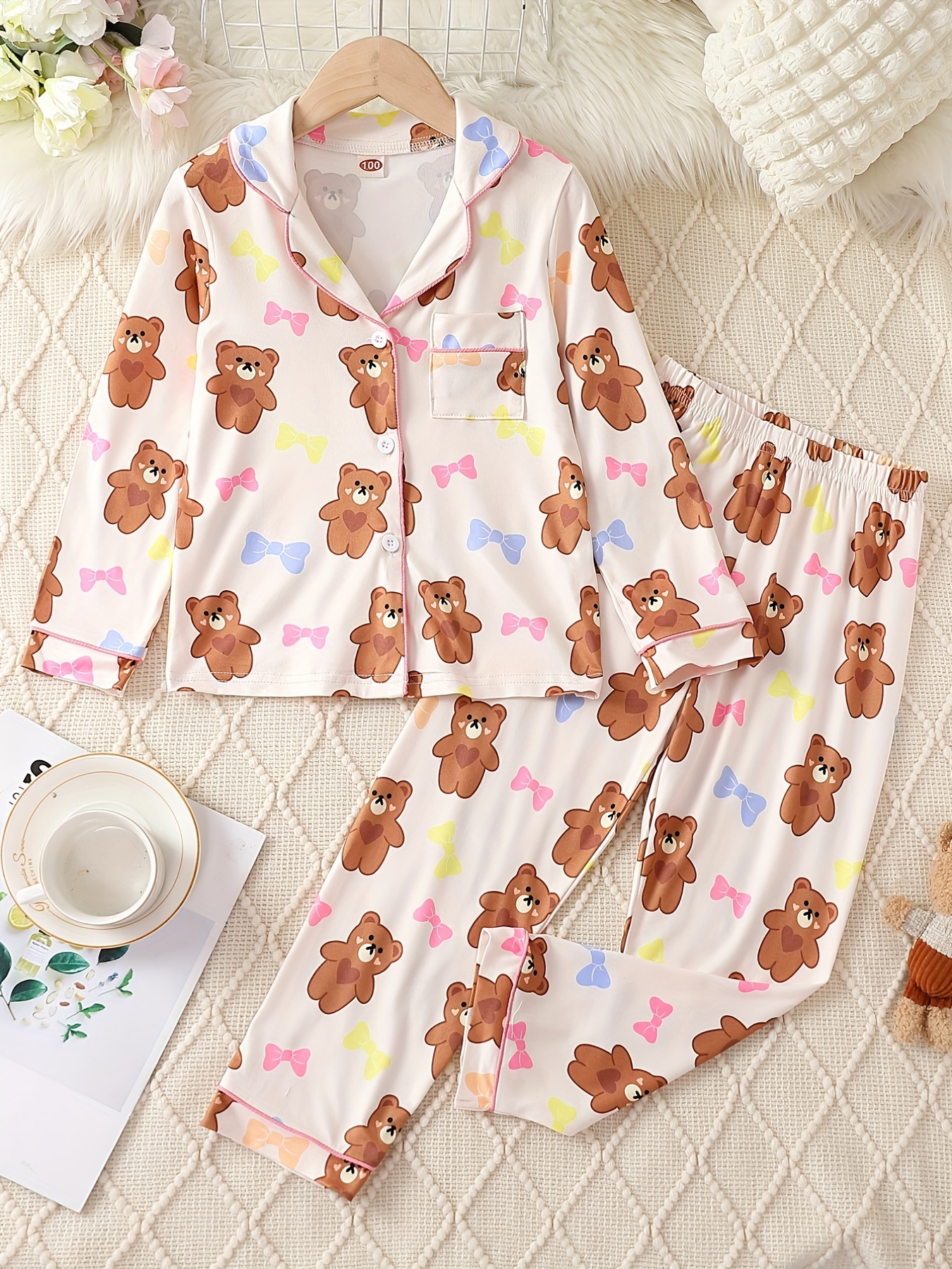 Cartoon Bear Print Pajama Set Cute Lapel Long Sleeve Blouse - Temu France