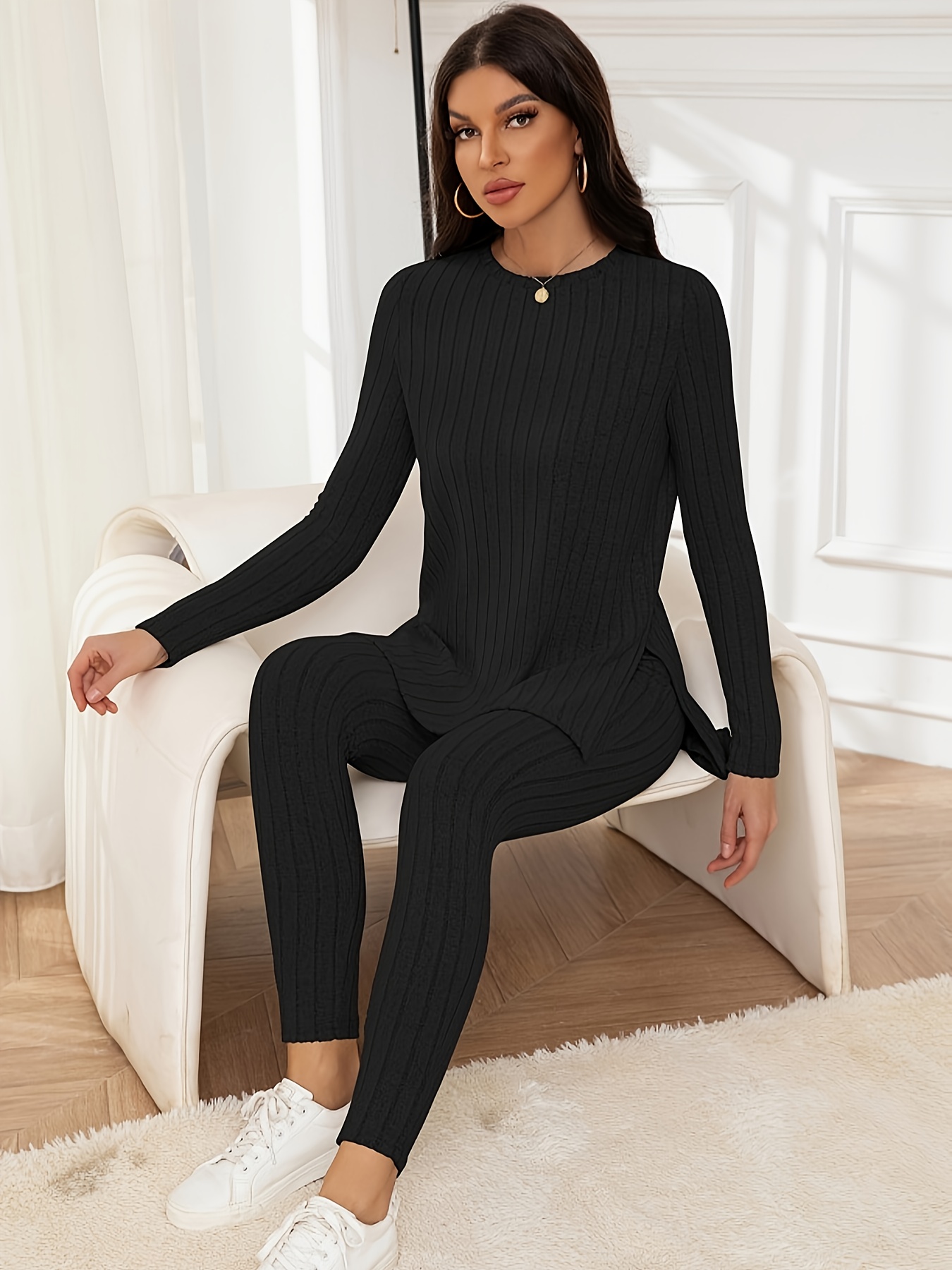 Women's Casual Ribbed Knit 2 Piece Outfit Long Sleeve Sweater
