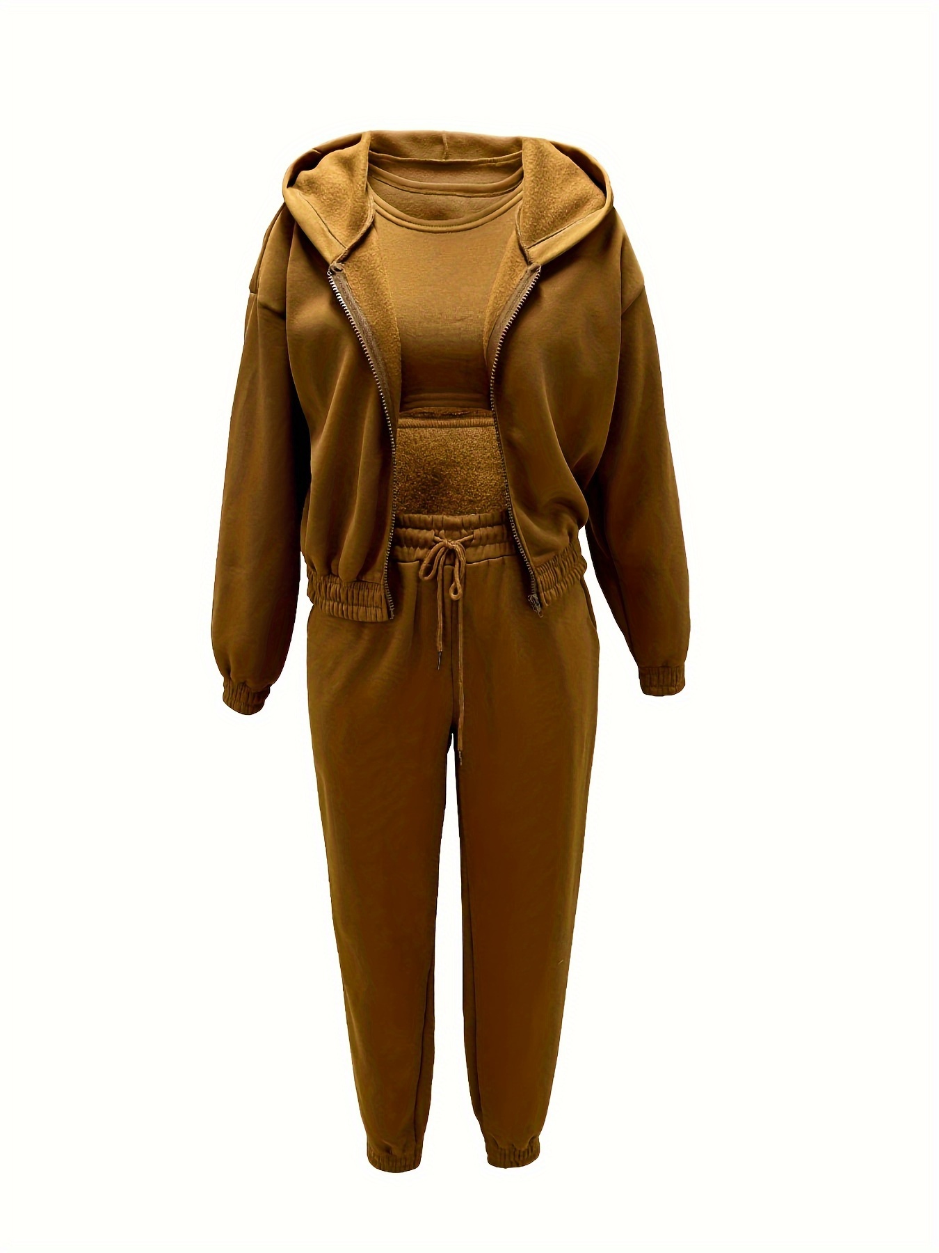 Sporty Solid Hooded Collar 3 Piece Pant Sets