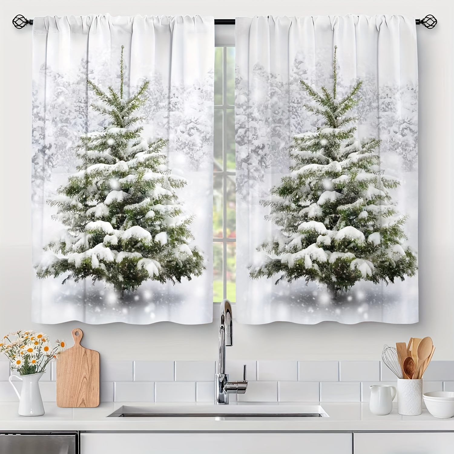 2pcs christmas green curtain tiers pine tree and white   curtains washable polyester soft curtain for living room office kitchen home decor details 0