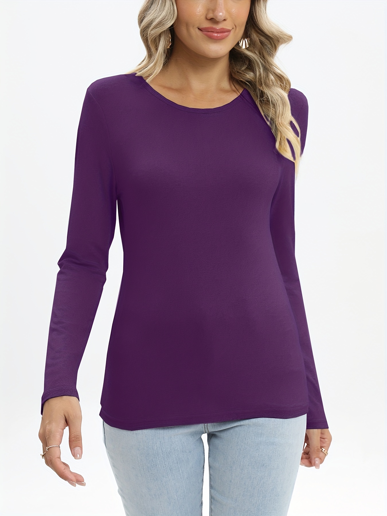 solid crew neck t shirt casual long sleeve lim top for spring fall womens clothing purple 4