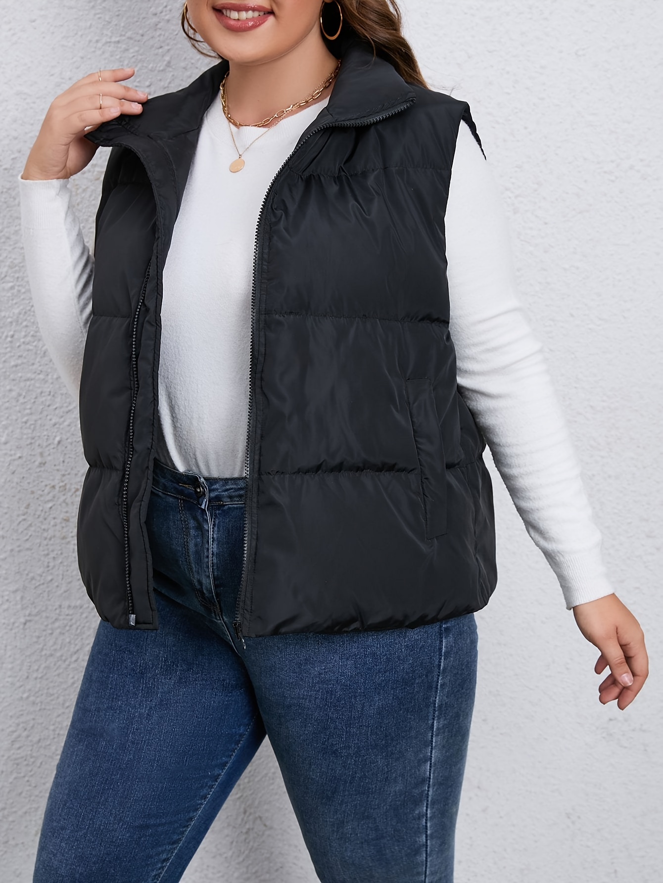 plus size casual down coat womens plus solid quilted zip up lapel collar down vest with pockets