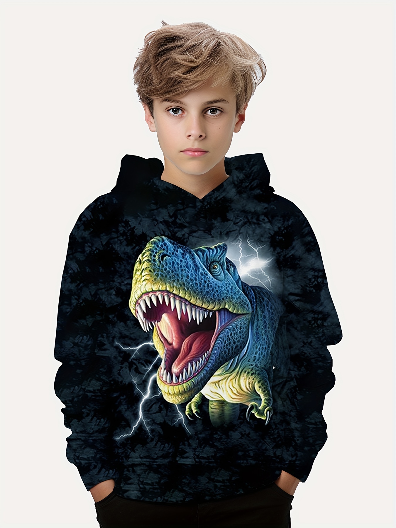 Kids Dinosaur Print Hoodie, Comfortable Hooded Pullover Sweatshirt For ...