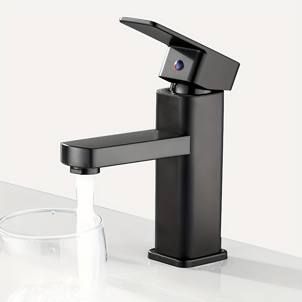 

1set Black Square Single Hole Basin Faucet, Long Mouth Cold And Hot Sink Faucet, Bathroom Washstand Basin Faucet, Single Handle Control Water Tap, Bathroom Accessories