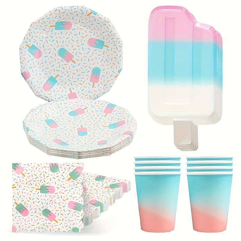 Set, Macaron Ice Cream Paper Plate Set, Ice Cream Themed Party Supplies,  Summer Cutlery Set With Large Paper Plates, Small Paper Plates, Napkins,  Tablecloth, Cups, Straws And Knives, Forks And Spoons