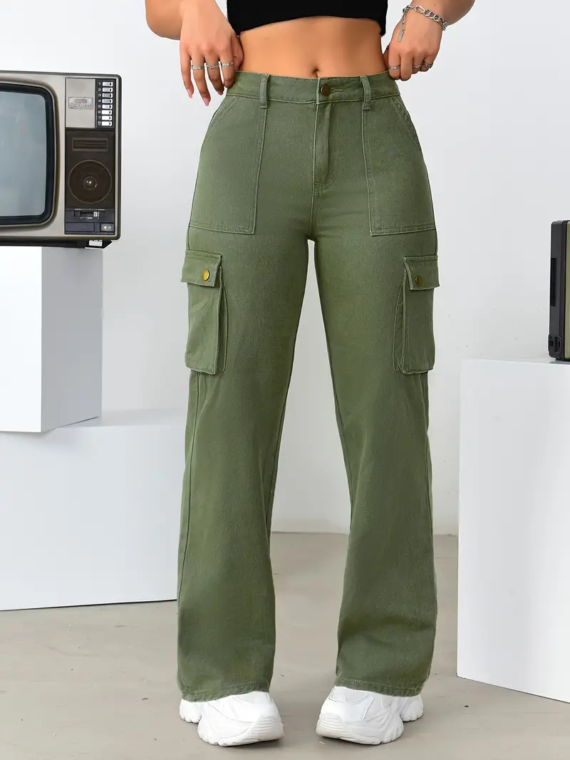 Plain Army Green Side Flap Pockets Cargo Jeans, High * Loose Fit Comfy  Denim Pants, Women's Denim Jeans & Clothing