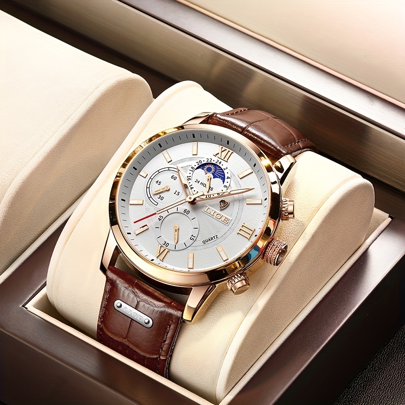LIGE Men Watches Leather Waterproof Luminous Quartz Wristwatch