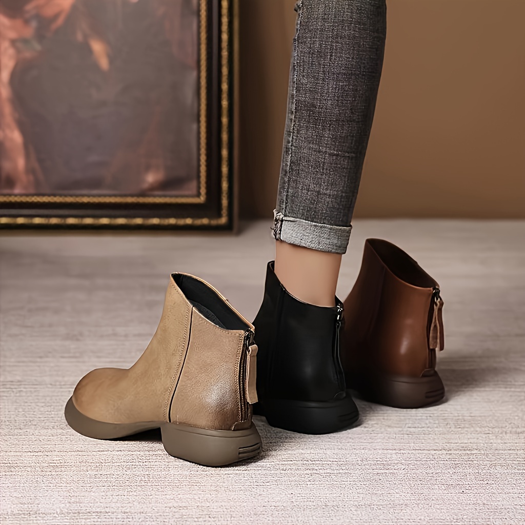 women s solid color chunky heel boots casual back zipper