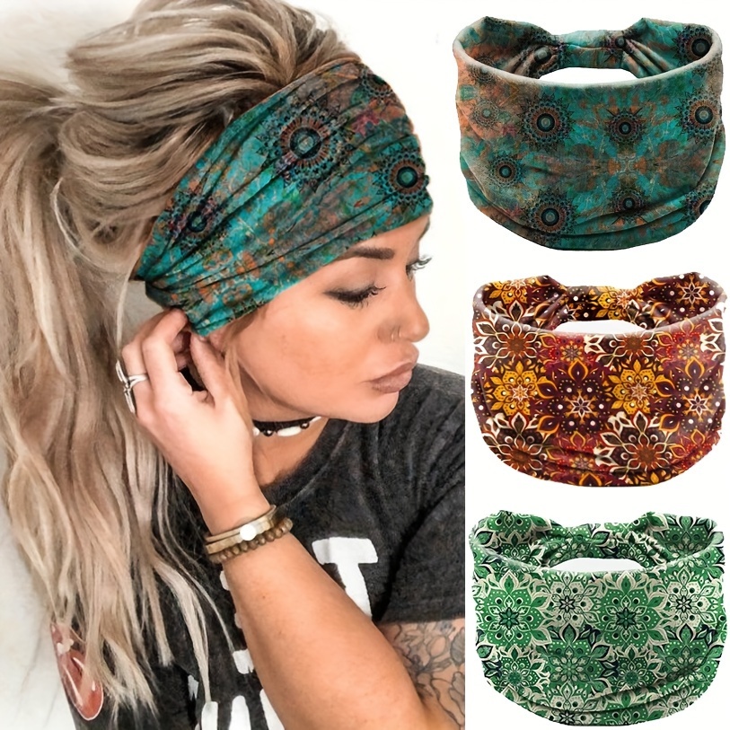 

1pc/3pcs Boho Printed Headband Vintage Mandala Flower Headband Elastic Sweat-absorbent Headwear Hair Accessories