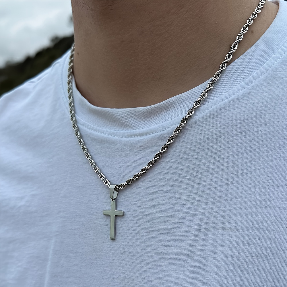 Simple silver cross hot sale necklace mens