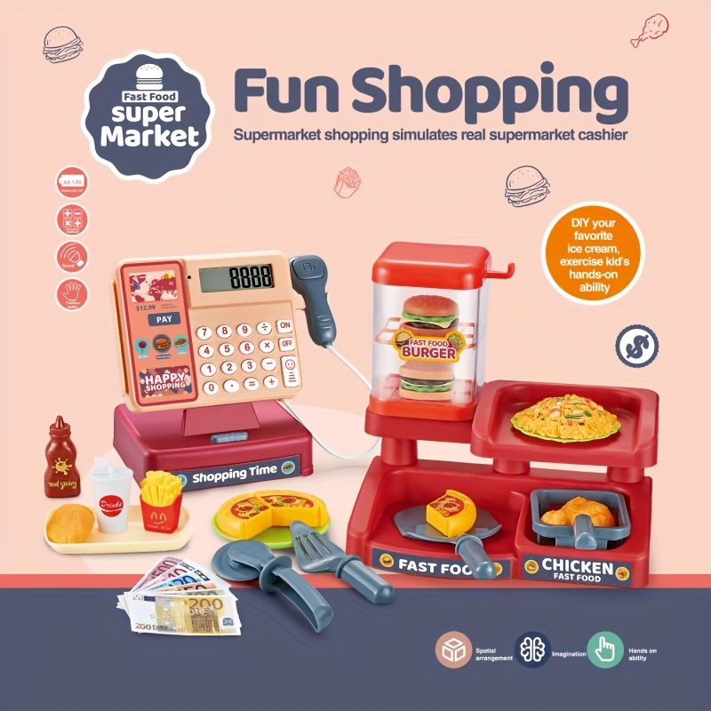 Calculadora de juego de simulación, juguete de caja registradora, 36  juguetes de supermercado con escáner, comida de juego, dinero de juego para