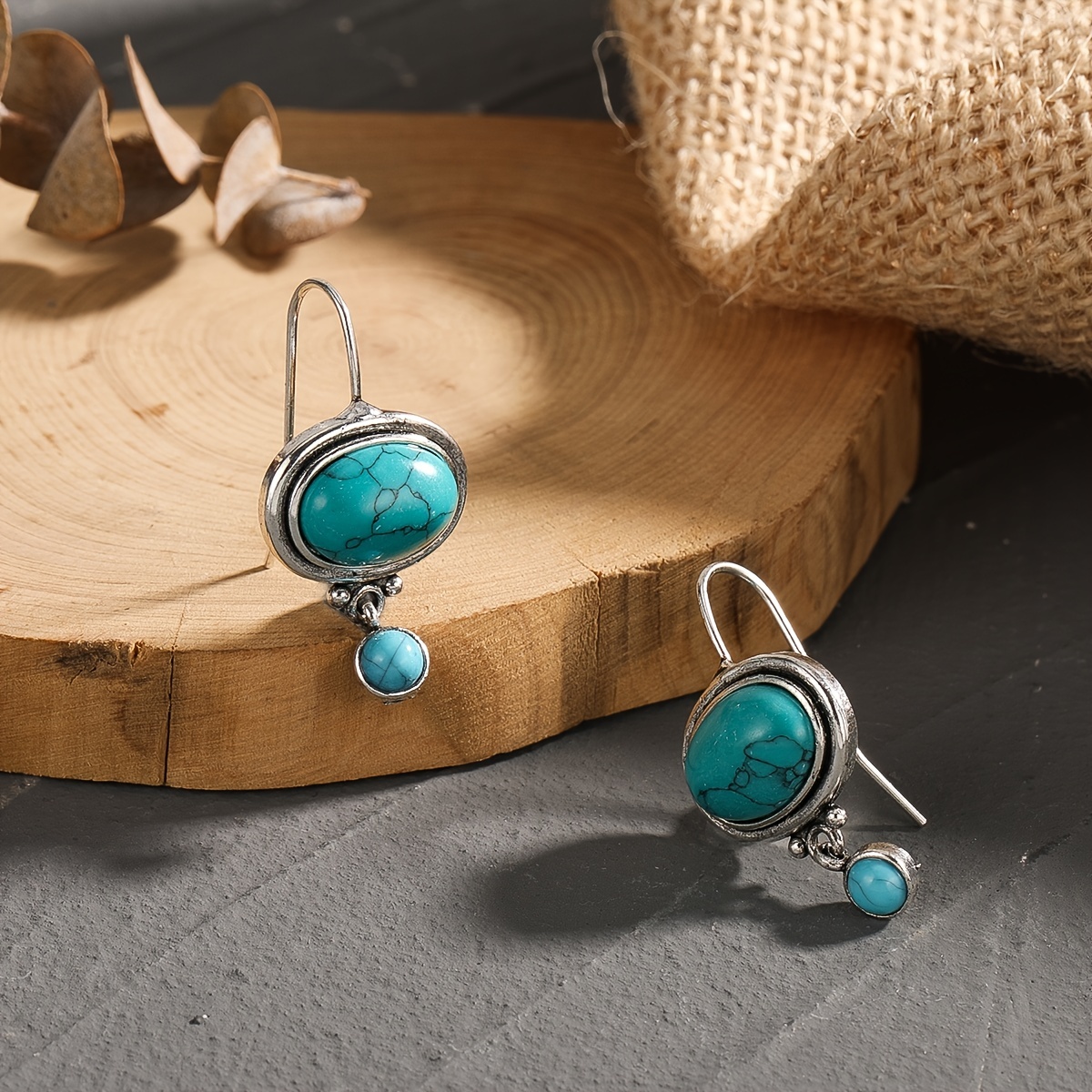 Vintage Boho Turquoise Dangle Earrings, Birthstone Style