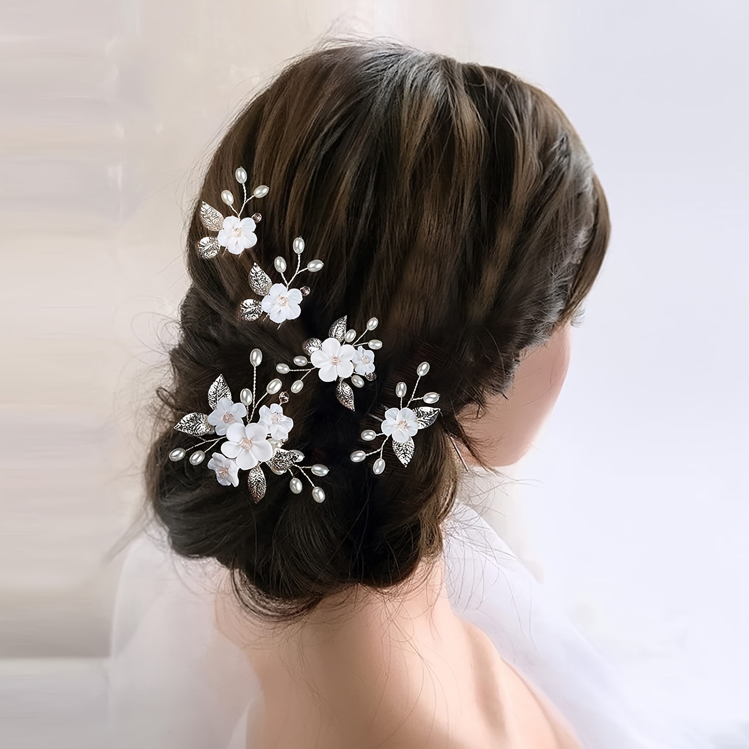 

5pcs A Set Of Soft Pottery White Flower Pink Crystal Hairpin U-shaped Hairpin Insert Needle Headwear For Wedding Party