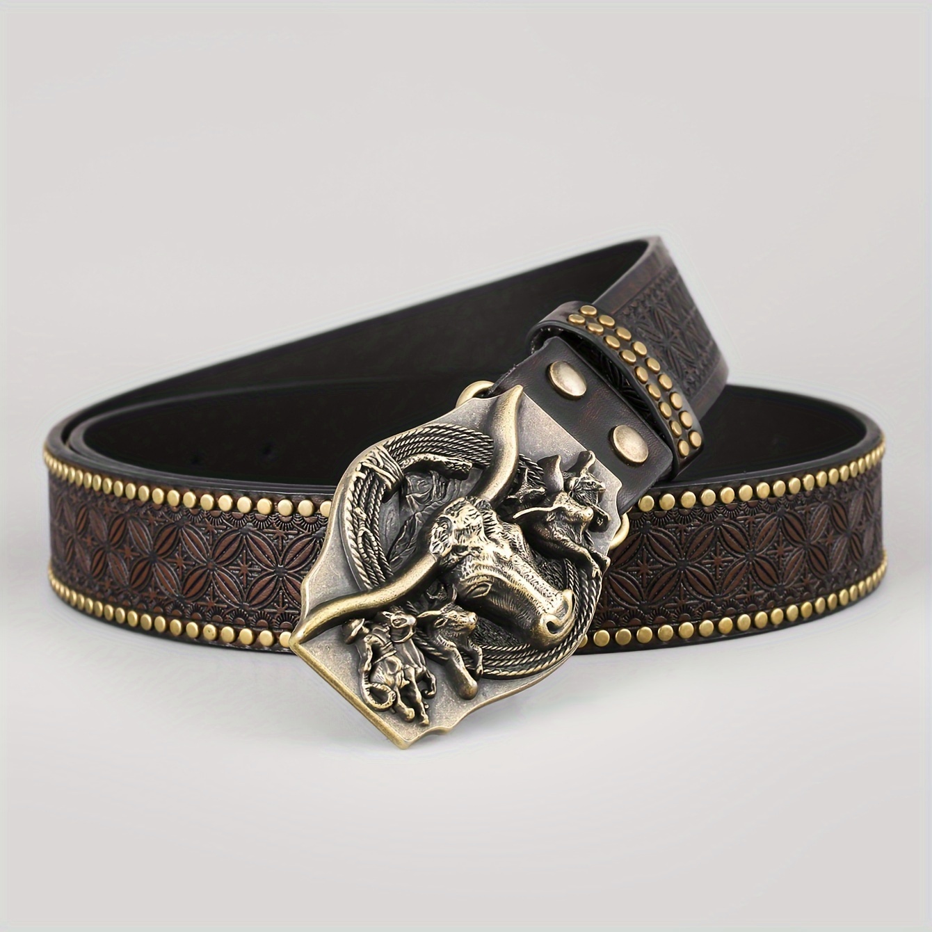 

1pc Stay Fashion With Western Style Pu Belt With Cattle Patterned Alloy Buckle For Men, Perfect For Daily Wear And Gift!