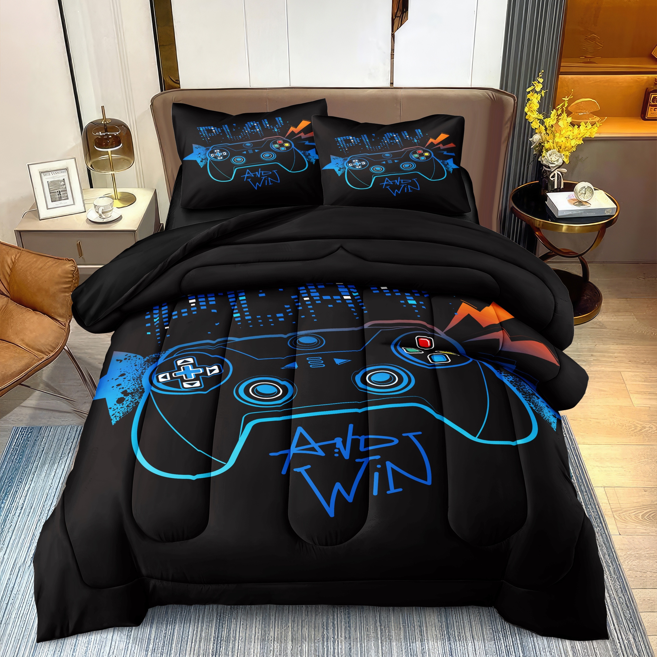 Comforter Set Queen Size, Game Retro Gamepad Gaming Bedding Set for Kids  and Adults Bedroom Decor, Vintage Colorful Kids Comforter Set and 2 Pillow