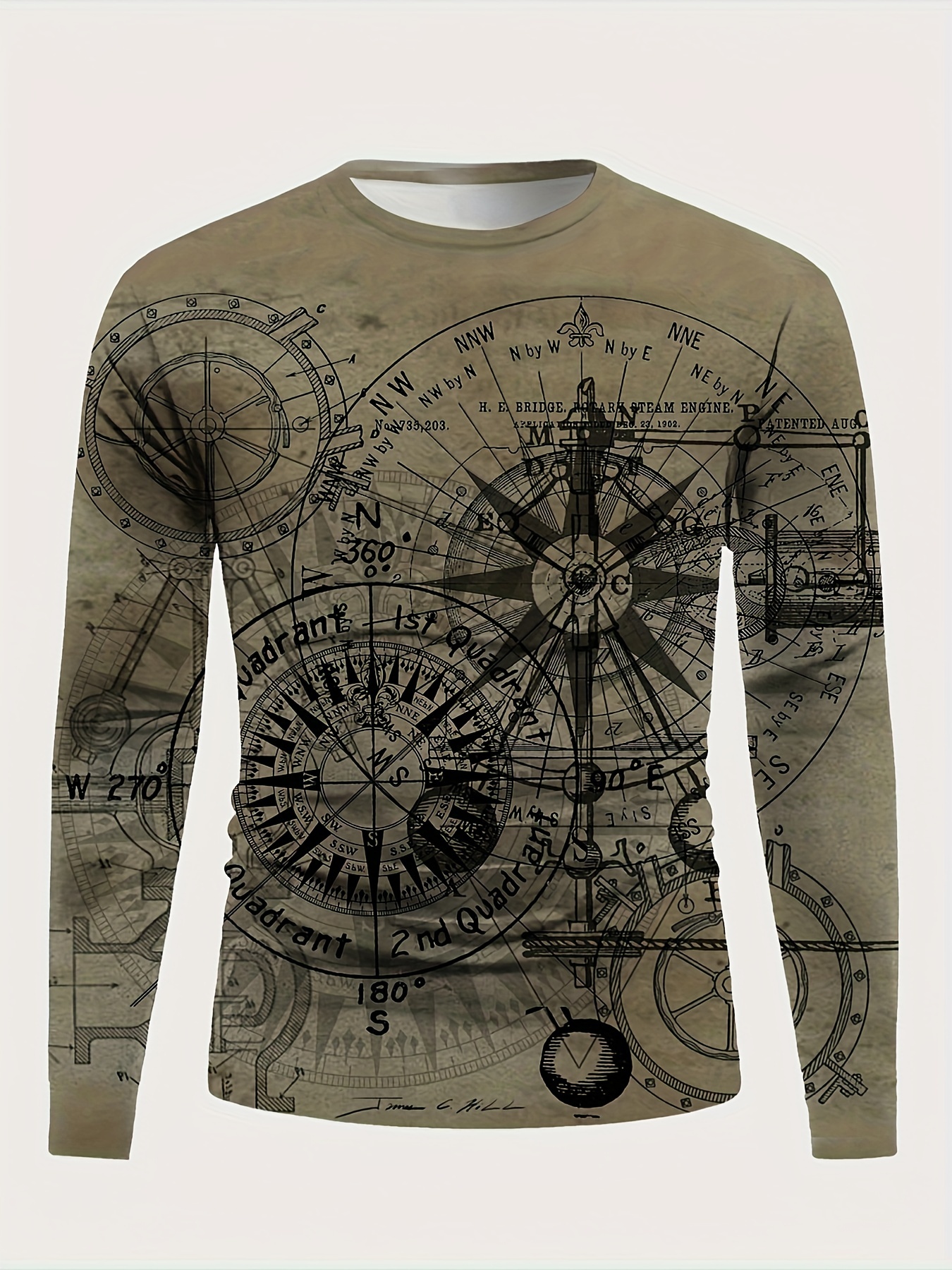 Europe Retro Compass 3d Print Men's Trendy Long Sleeve T-shirt