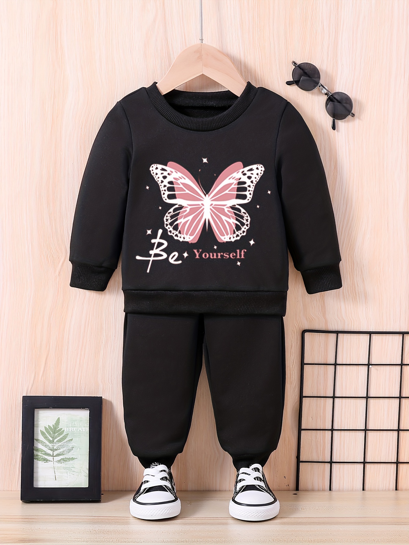 Girl's Butterfly Print Hoodie Sweatpants Set Solid Color - Temu