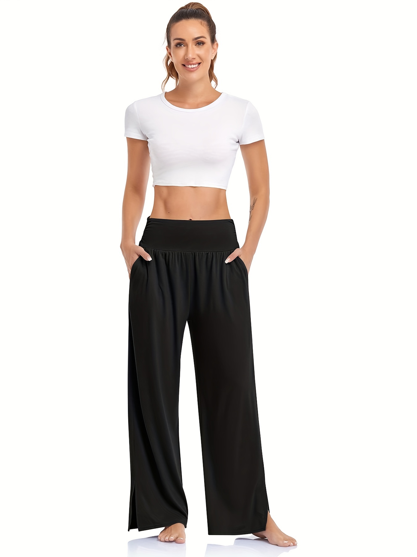 Solid Textured Split Wide Leg Pants Casual Tied High Waist - Temu  Philippines