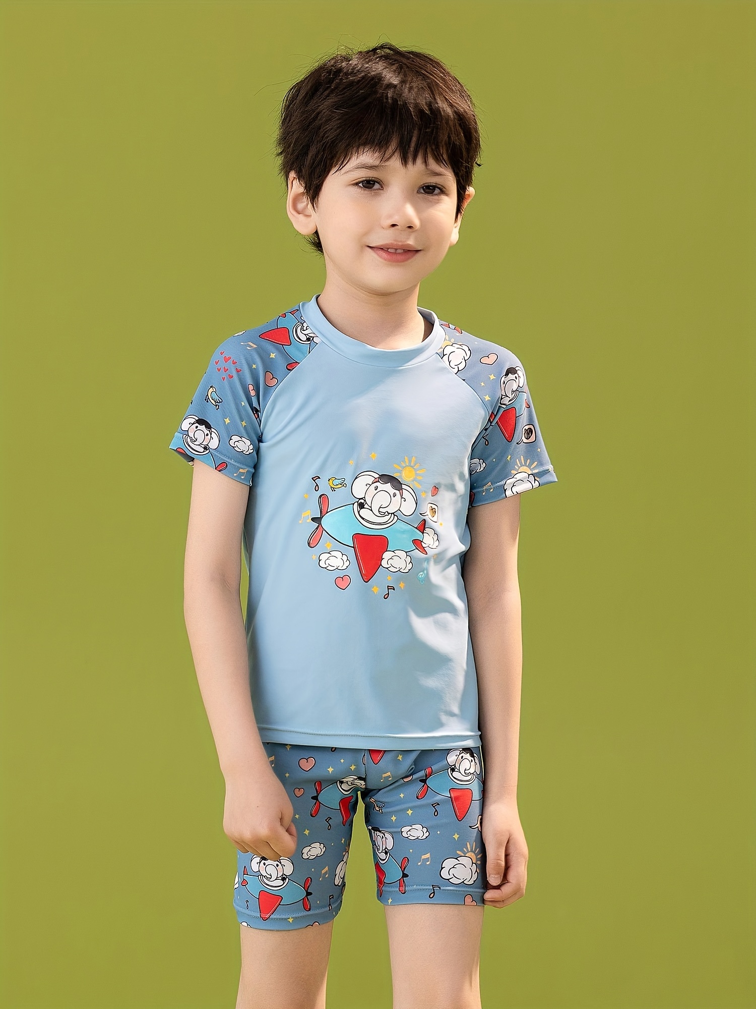 2pcs Toddler Boy Dinosaur Print Hooded Top and Shorts Swimsuit Set